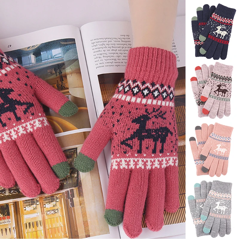 

Fashion Knitted Thick Gloves For Men Women Christmas Deer Printed Warm Autumn Winter Full Finger Gloves Outdoor Cycling Mittens