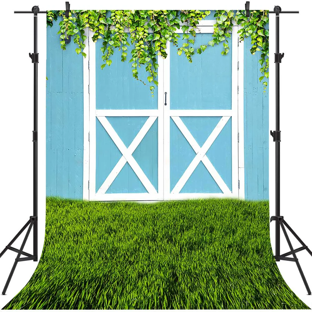 

Spring Green Grass Backdrop for Photography Blue Warehouse door Background for Portrait Photo Studio Newborn Children Decoration