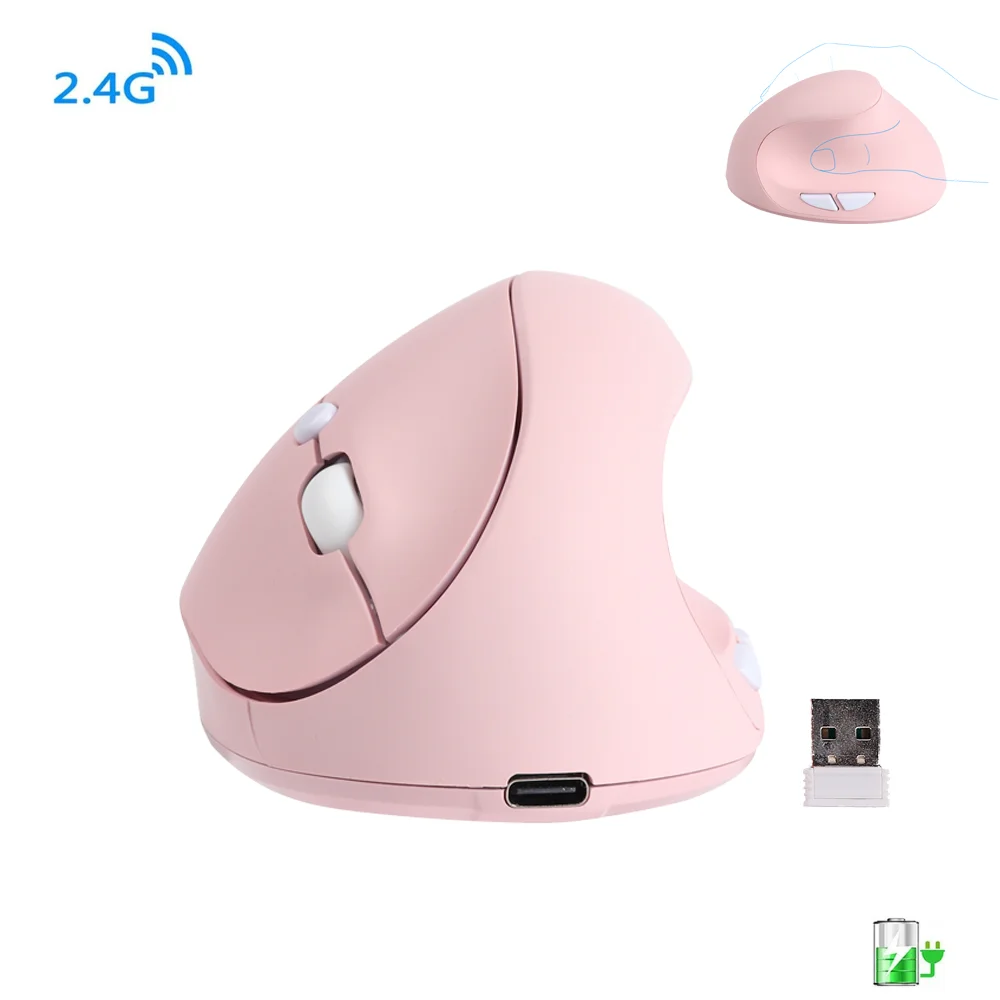 

Wireless 2.4G Vertical Pink Computer Mouse Ergonomic Optical USB Charging Upright 1600DPI Office Mice For Laptop PC Girl Gifts
