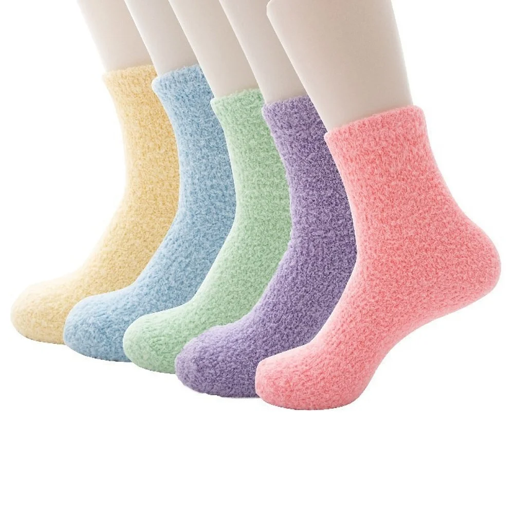 5 Pairs Autumn and Winter Fashion Thick Women's Coral Fleece Socks Candy Color Half Velvet Home Warm Sleep Socks for Ladies