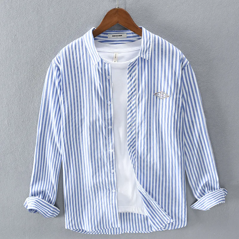 2022 Summer And Spring Men's Shirt  Long Sleeve  Man Business Casual Shirts Classic Striped Male Social Dress Embroidery Shirts