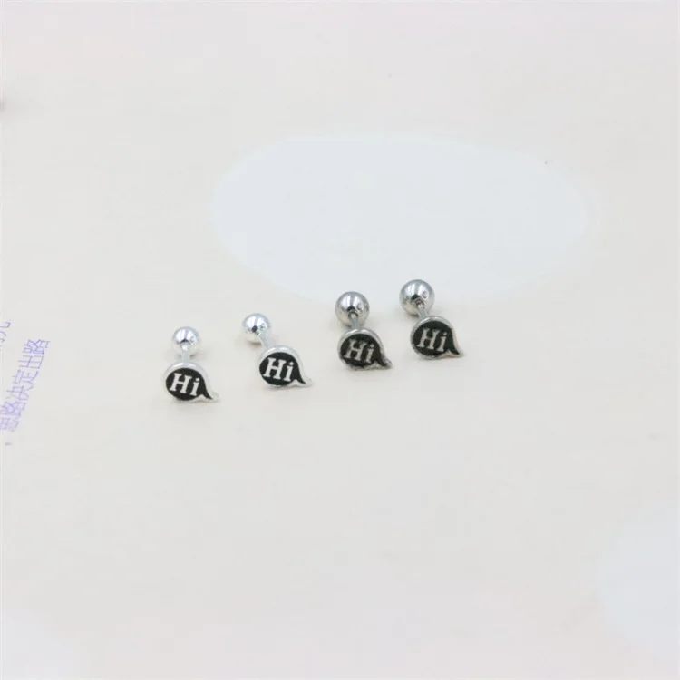 

ZFSILVER 100% Sterling 999 Silver Lovely Black Letter HI Girl Screw Ball Stud Earrings For Women Charm Jewelry Accessories Gifts