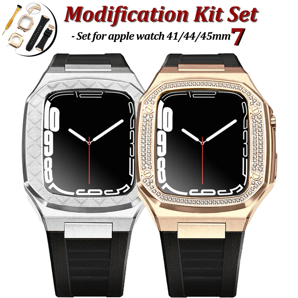

Luxury Metal Dianond Case For Apple Watch 7 41mm 44mm 45mm Stainless Steel Cases Cover For iWatch Series 6 5 4 Modification Kit