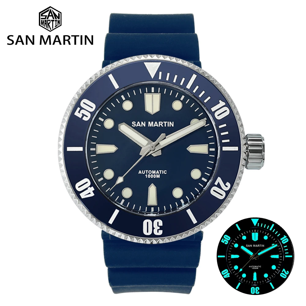 

San Martin 46mm Stainless Steel Ice Hockey 1000m Professional Diving Rubber Band Mechanical Luminous Sports Men's Watch