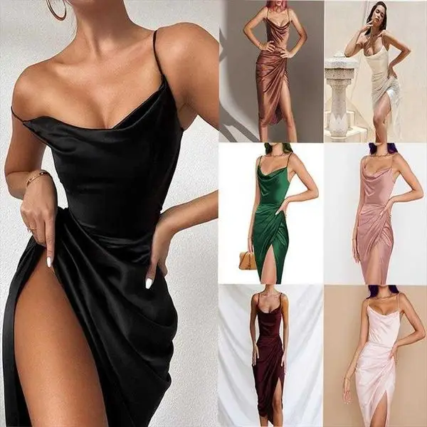 

Fashion Sexy Slit Satin Dress Slim Temperament Sleeveless Split Skirt