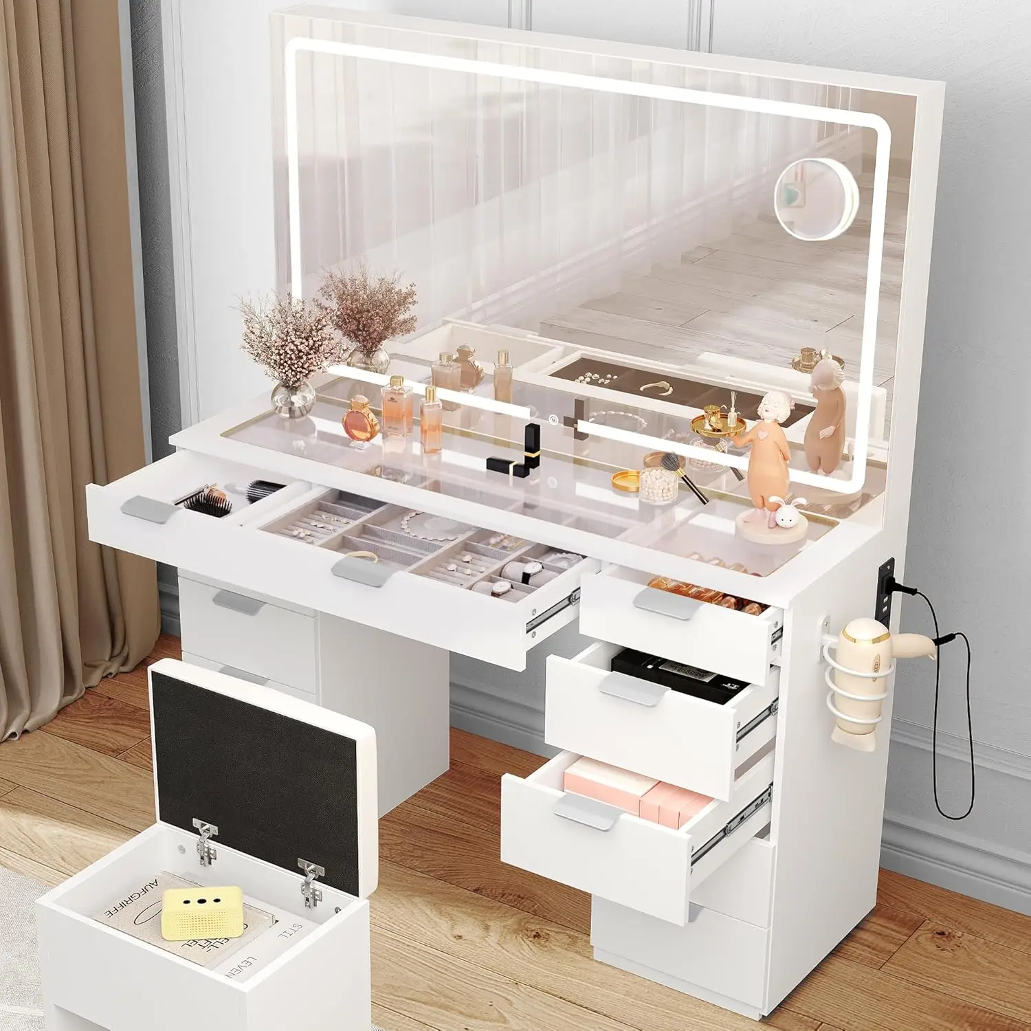 Туалетный столик с большим светодиодным зеркалом зарядная станция 11 ящиками