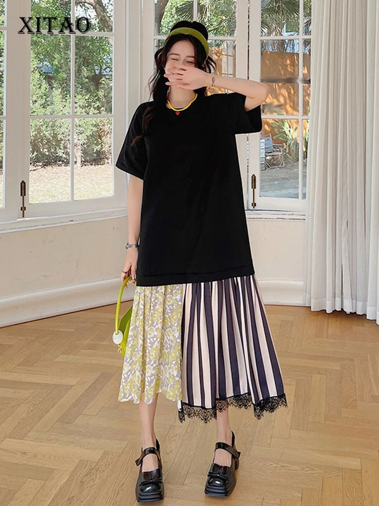 

XITAO лоскутное кружевное свободное платье с принтом и круглым вырезом, пуловер 2023, Новое поступление, лето, Повседневная тонкая модная универ...