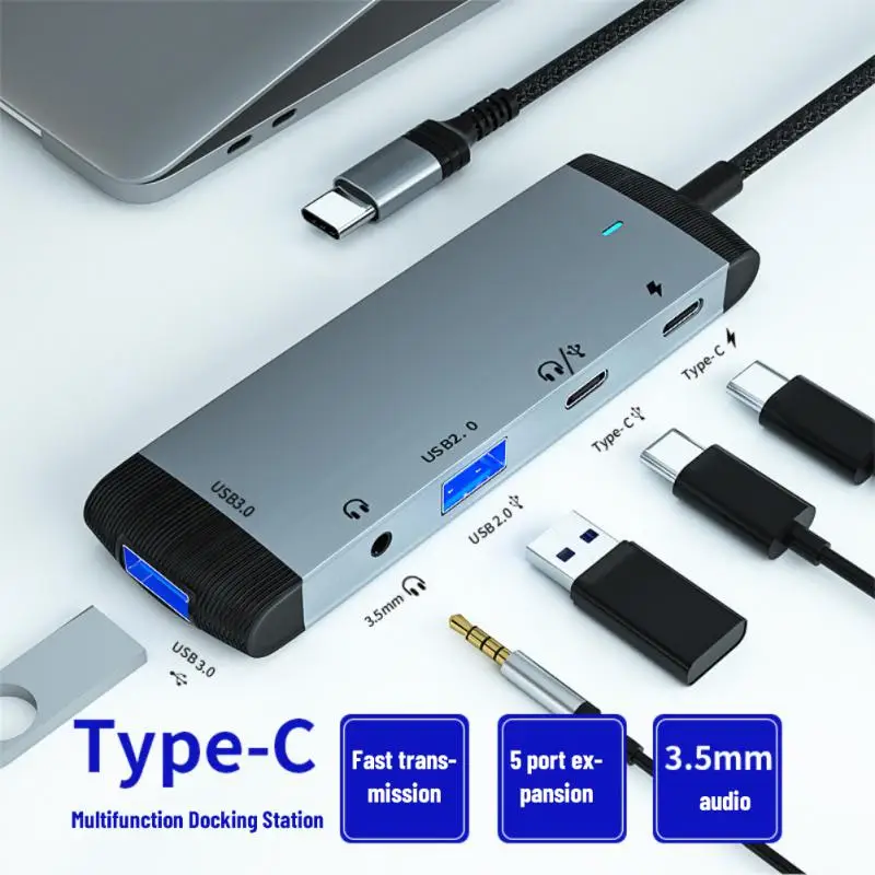 

Portable Multi-function Data Transfer Usb-c Hub With Audio 3.5mm 5 In 1 Type-c Docking Station For Pc Usb 3.0 2.0 480mbps Pd 60w