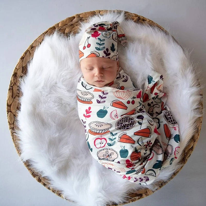 

2 Pcs Newborn Printing Receiving Blanket+Beanie Hat Set Baby Infants Swaddle Wrap Knotted Bonnet Cap Kit 090A