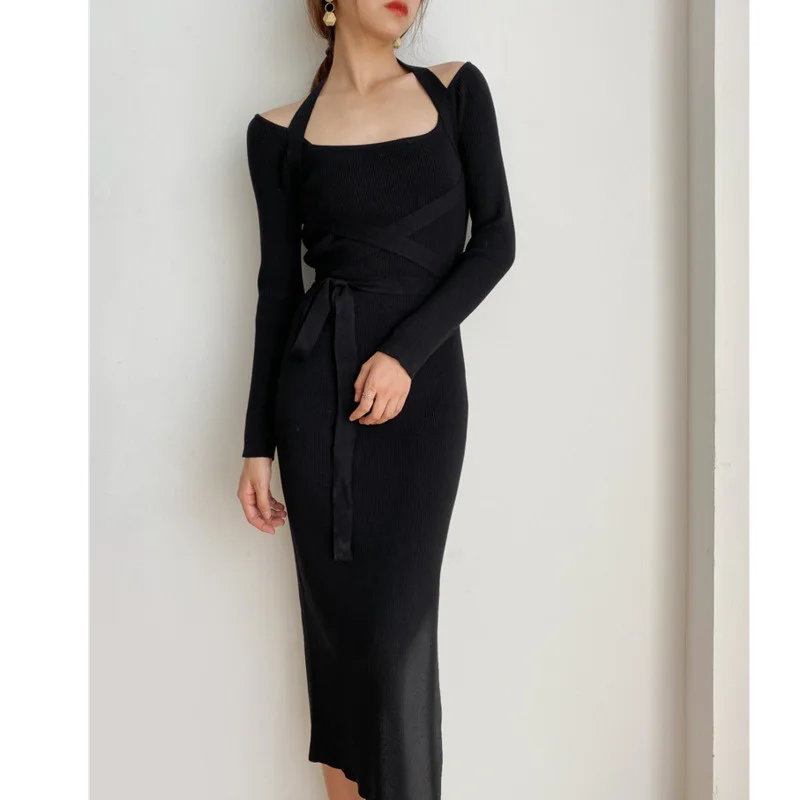 

Spring Slim Knitted Dress Lace Up Waistband Knitted Bottomed Autumn Winter Slim Fit Sexy Vestido Feminino Midi Long Dress Women