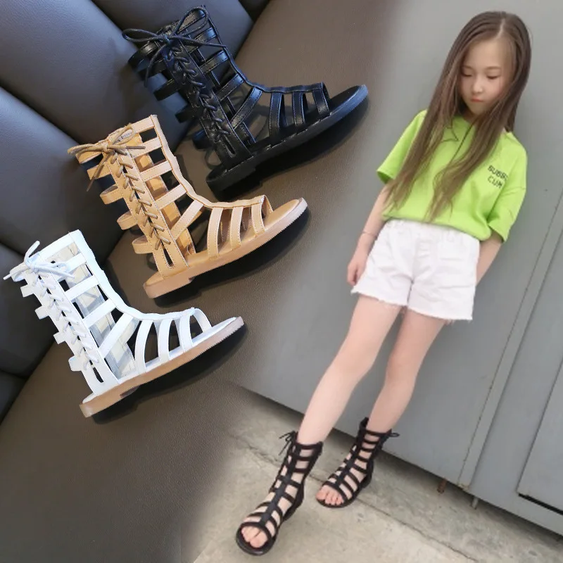 

2022 Summer Shoes Girls Gladiator Sandals Cross-tied Boots For Baby Kids Casual Shoes Roma Lace up High Top sandalias botas