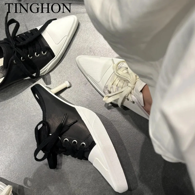 Фото Классические женские кроссовки TINGHON на платформе, парусиновые туфли, персонализированные люксовые кеды на каблуке, повседневные кроссовки на шнуровке для скейтбординга, уличные кроссовки №2