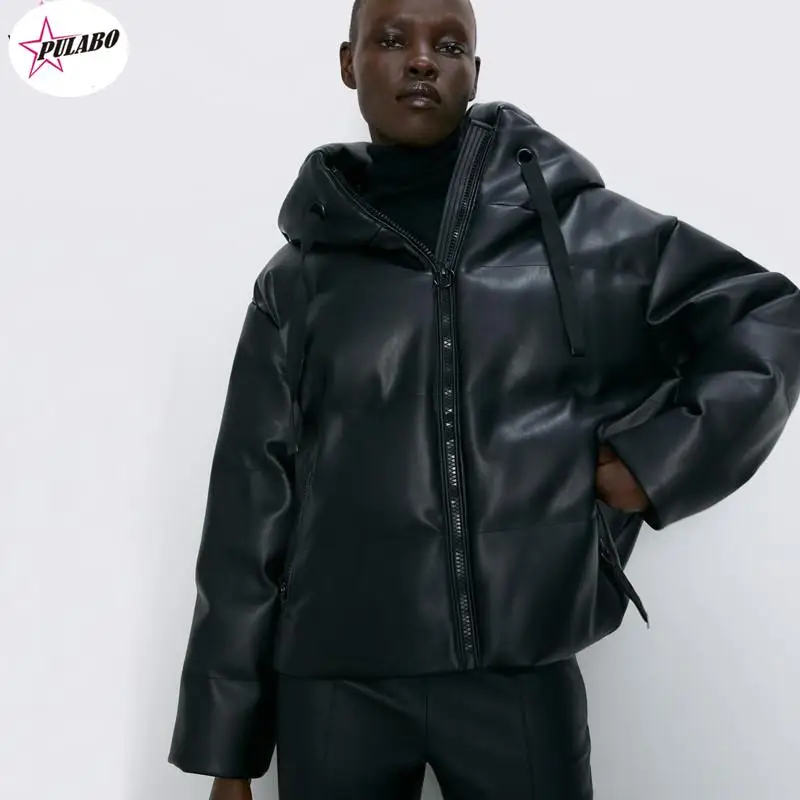

Loose PU Leather Parkas Women Fashion Hooded Faux Leather Coats Women Elegant Solid Zipper Cotton Jackets Female Ladies