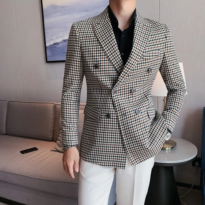 

British Style Mens Blazer Suit Jacket Plaid Casual Double Breasted Blazer Masculino Social Mens Dress Coat Veste Costume Homme