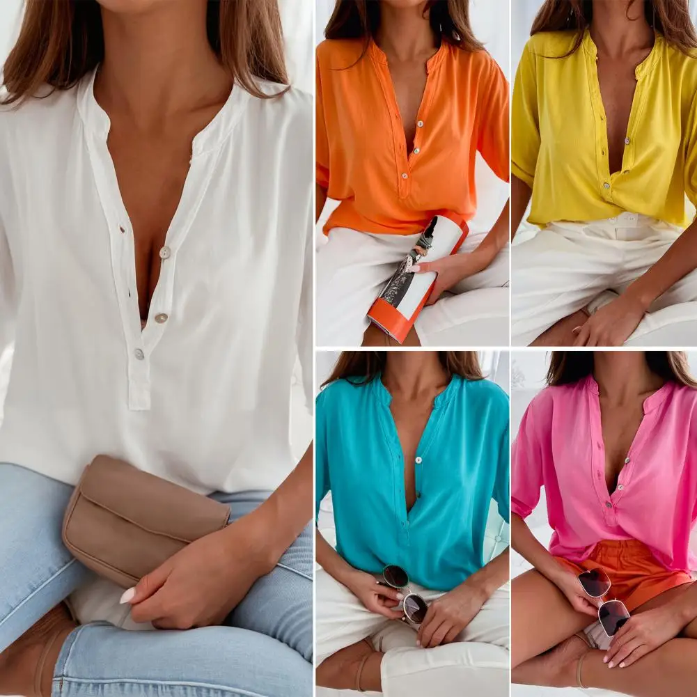 

V-Neck Stand Collar Short Sleeve Buttons Half Placket Summer Blouse Breathable Women Solid Color Pullover Shirt Female Clothing