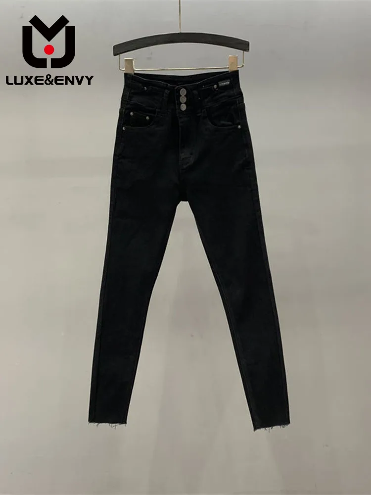 

Черные джинсовые брюки-карандаш LUXE & ENVY, женские однобортные Узкие Эластичные облегающие брюки с высокой талией, новинка 2023
