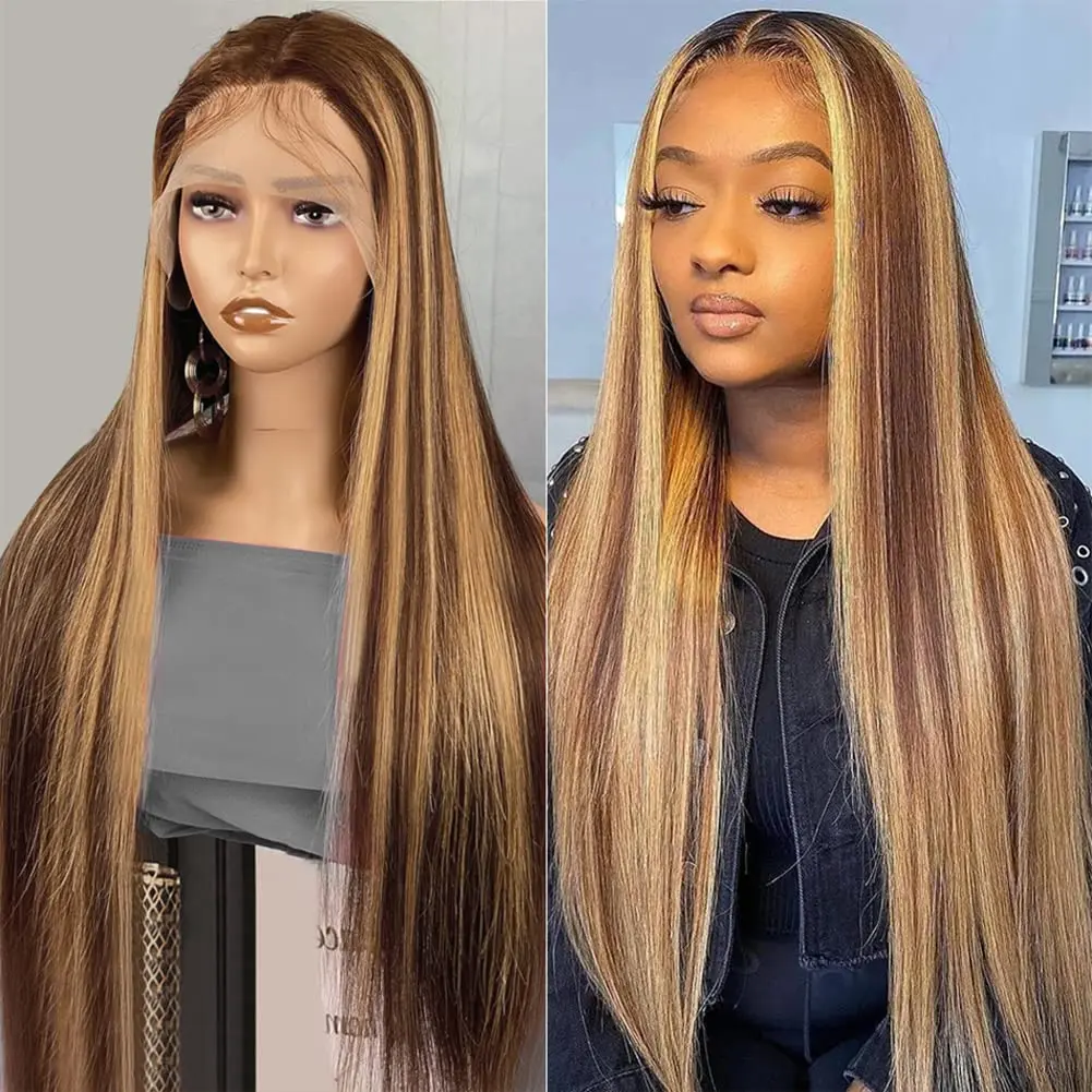 

Rovess 30 32inch 13x4 Straight 4/27 Highlight Ombre Honey Blonde Human Hair Wigs Remy Brazilian 13x6 Lace Frontal Wig For Women