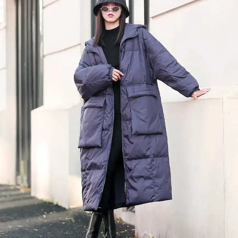 Winter New Long Loose Down Cotton Coats Women Solid Dooded Thicken Warm Padded Jacket Female Clothing Korean Fashion Tops Parkas
