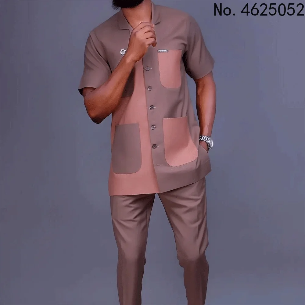 

Африканская одежда для мужчин, летняя мода, африканские мужские комплекты из полиэстера с коротким рукавом, топ и длинные брюки, Африкански...