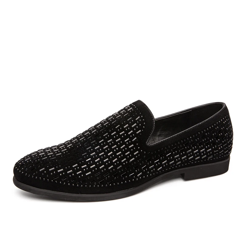 Brand Black Rhinestone Men Dress Shoes Velvet Crystal Luxury Moccasins Men's Loafers Office Business Party Flats Zapatos Hombre | Обувь