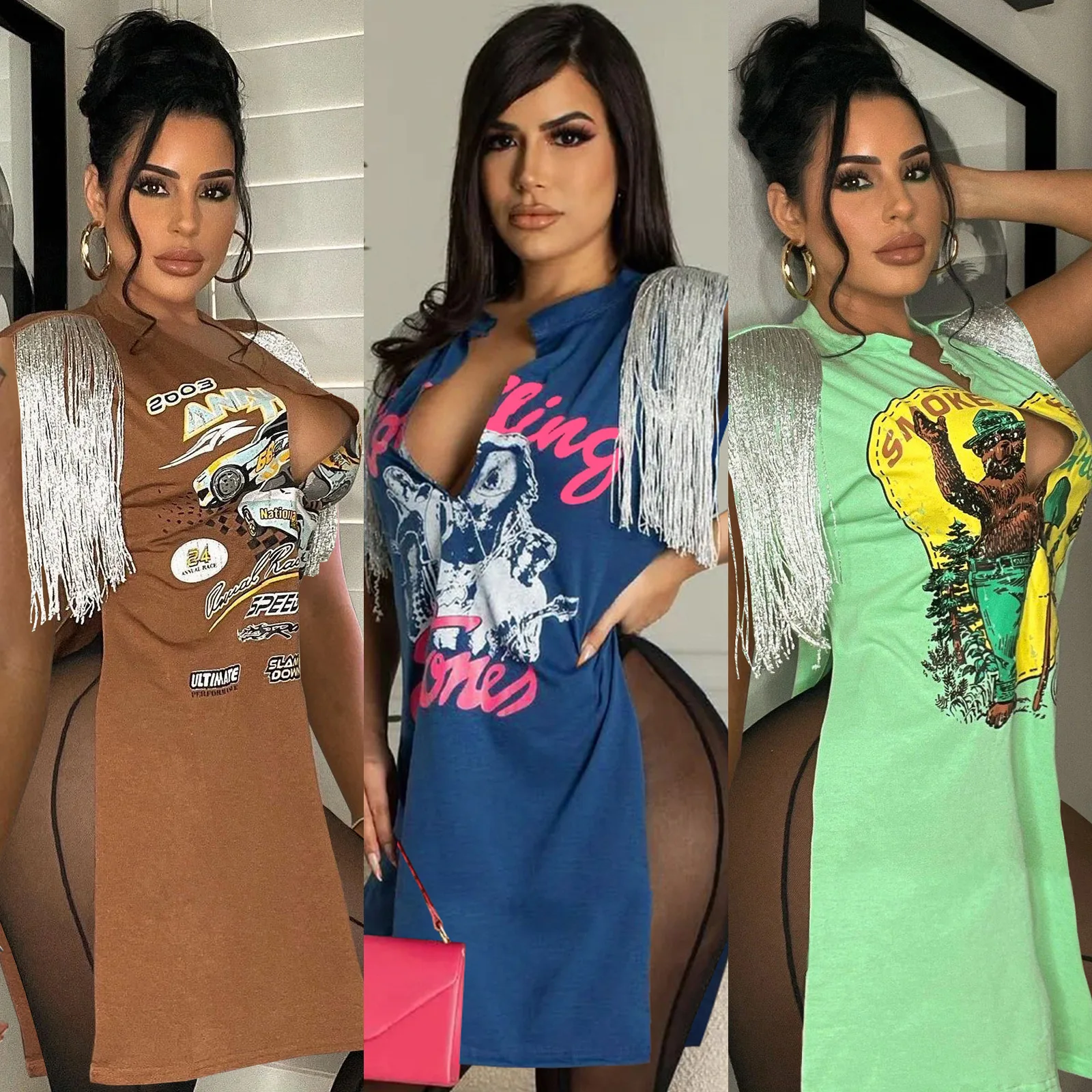 

Fitness 2022 Casaul Women Mini Dress Print Tassel Off Shoulder Side Split Out Sexy Club Party Mini Dresses for Women Vestidos