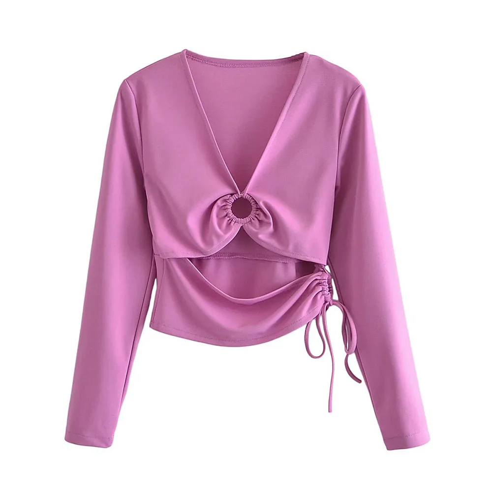 

2022 spring and autumn new women's sweet fashion personality hollowed-out short shirts retro long-sleeved blouses chic tops