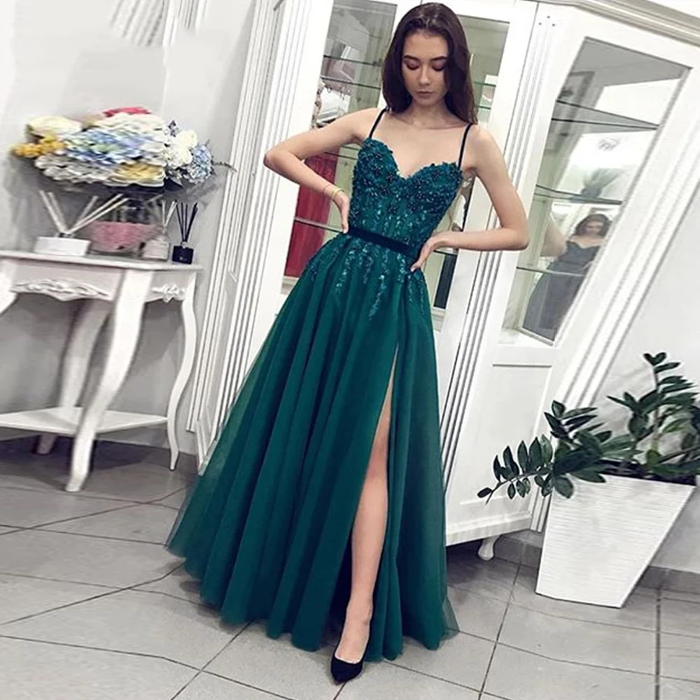 

Sexy Spaghetti Straps Prom Dresses For Women 2023 Elegant Sweetheart Party Evening Gowns Lace Applique Formal Outfits With Beads
