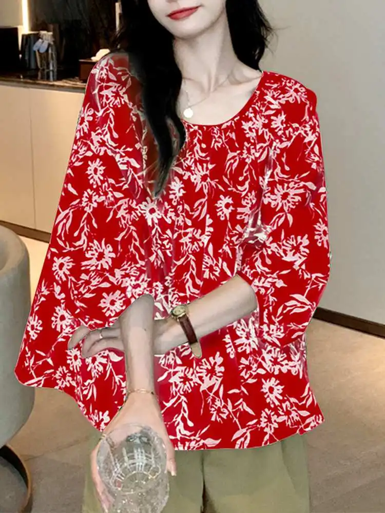 

Women Blouse 2023 VONDA Elegant Printed Shirts Fashion 3/4 Sleeve Casual Loose Bohemian Tops Female Sexy O Neck Blouse Oversized
