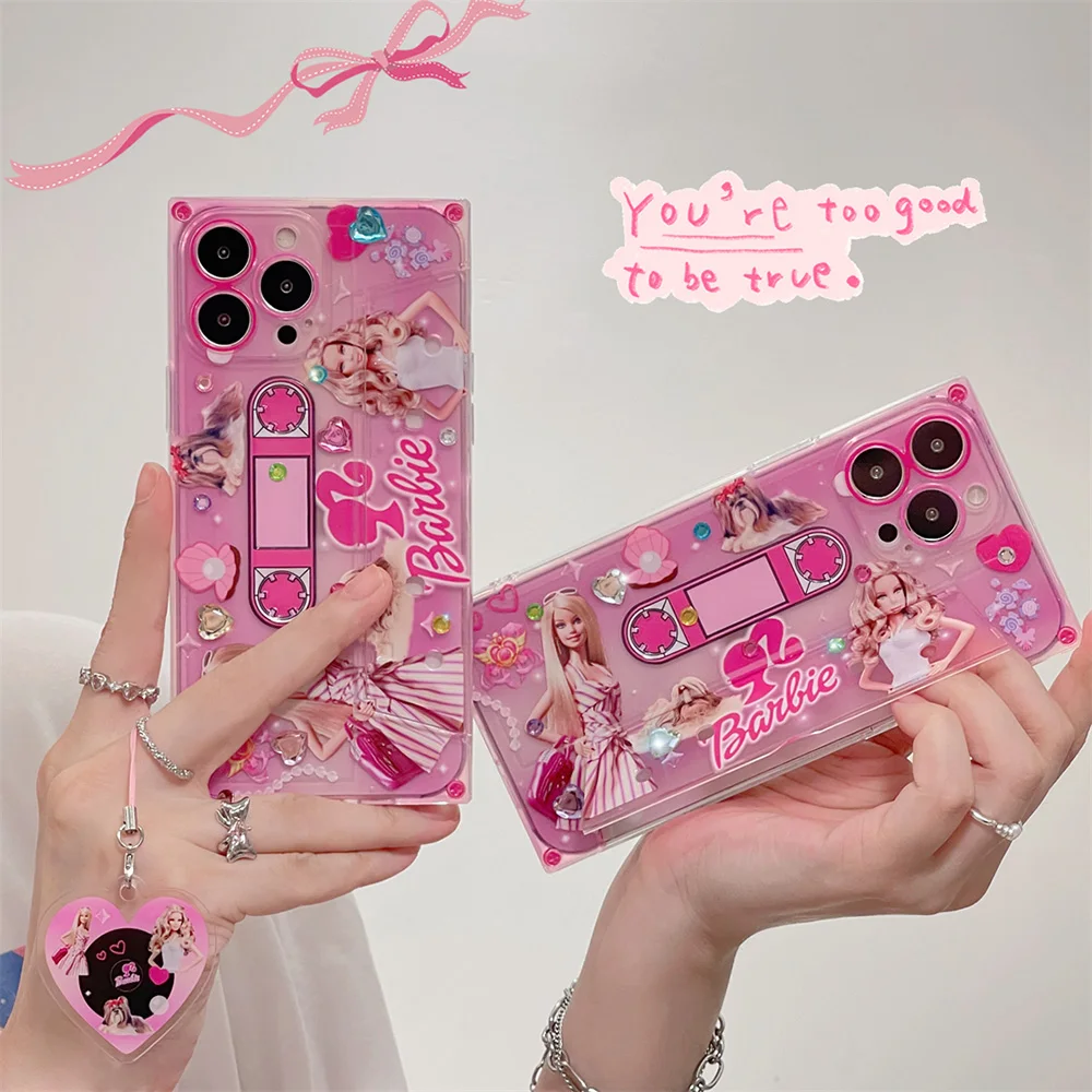 

Cartoon B-Barbies Doll Tape CD Invisible Bracket with Pendant Phone Case for IPhone 14 13 12 11 Pro Max Plus Back Cover Gift