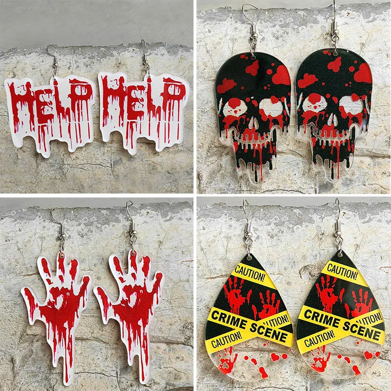 

Halloween Horror Skull Earrings Bloodstained Handprints Acrylic Drop Earrings for Women Fashion Colorful Crime Scene Print Earri