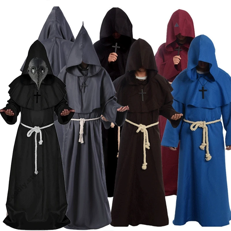 

Халат с капюшоном в средневековом стиле на Хэллоуин, костюм Чумного доктора, маска, шапка для мужчин, мужской монах, священник, ужас, накидка,...
