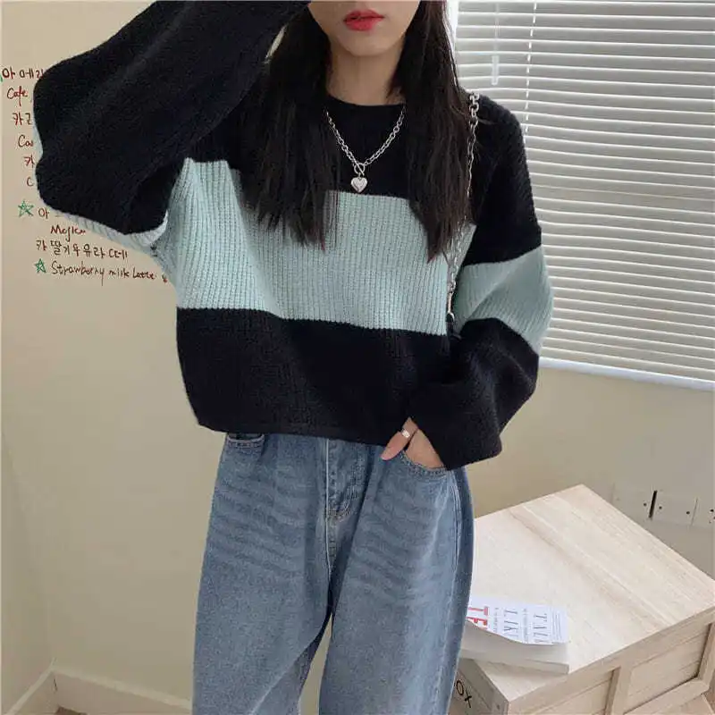 

Japan Style Women's Sweater Color Blocked Pullover Knit Top Loose Long Sleeve Women's Jumper Korean Fashion Women's Clothing