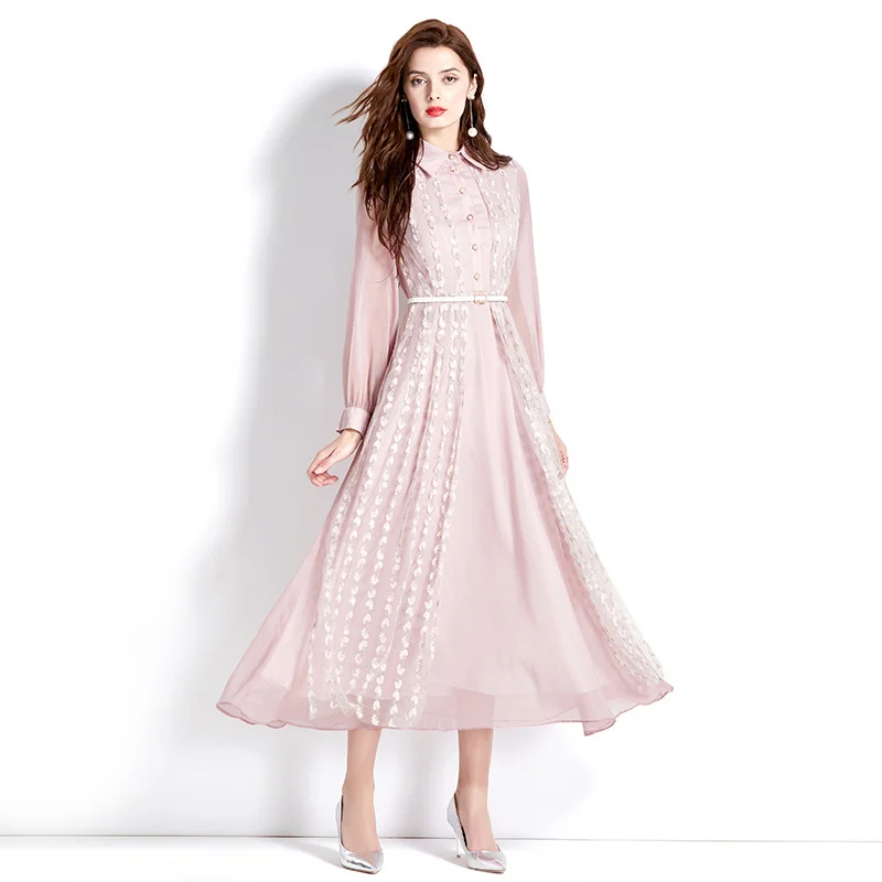 

Fashion Women's Formal Dresses 2023 Elegant Pink Lace Embroidery Lapel Lantern Sleeve Long Dress Holiday Casual Beach Robe G762
