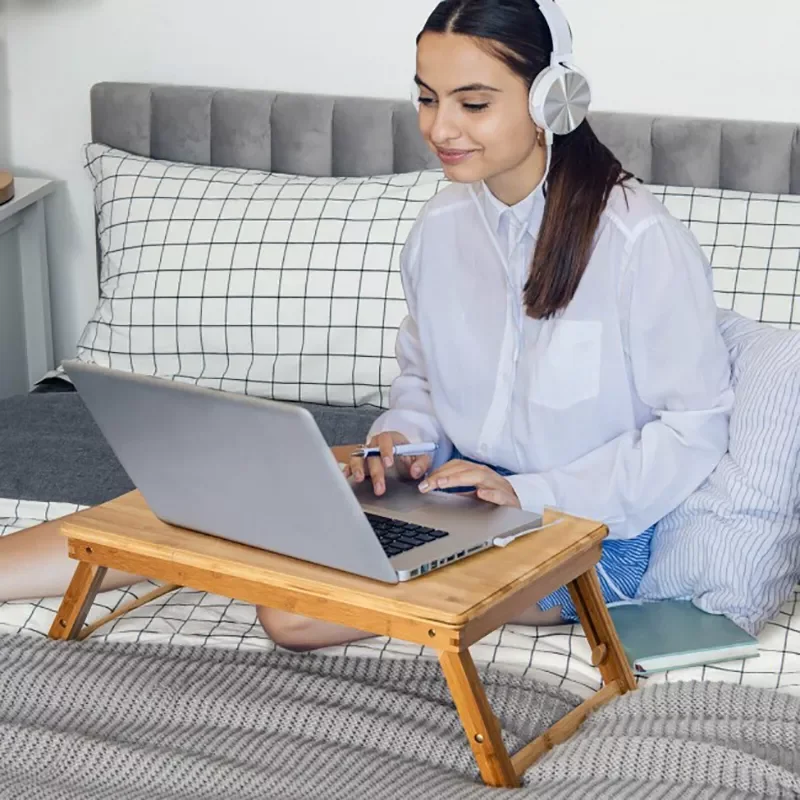 

2023 Natural Bamboo Laptop Lap Tray with Slide Drawer Adjustable Legs Tilting Heat-dissipation Top Folding Design Computer Desks