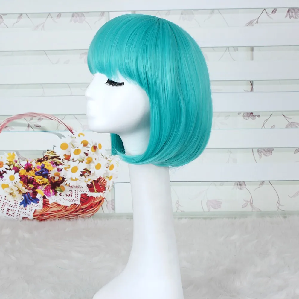 Булма Зеленая Короткая Прямая Бобо Синтетическая парик для косплея + Бесплатная шапочка.