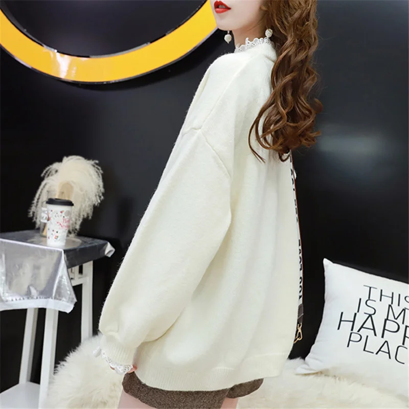 

Spring 2022 Fashion Lace Splicing Knit Sweater Women Korean Loose Jumper Ladies O-neck Long sleeve Knitting Pullover Tops Female