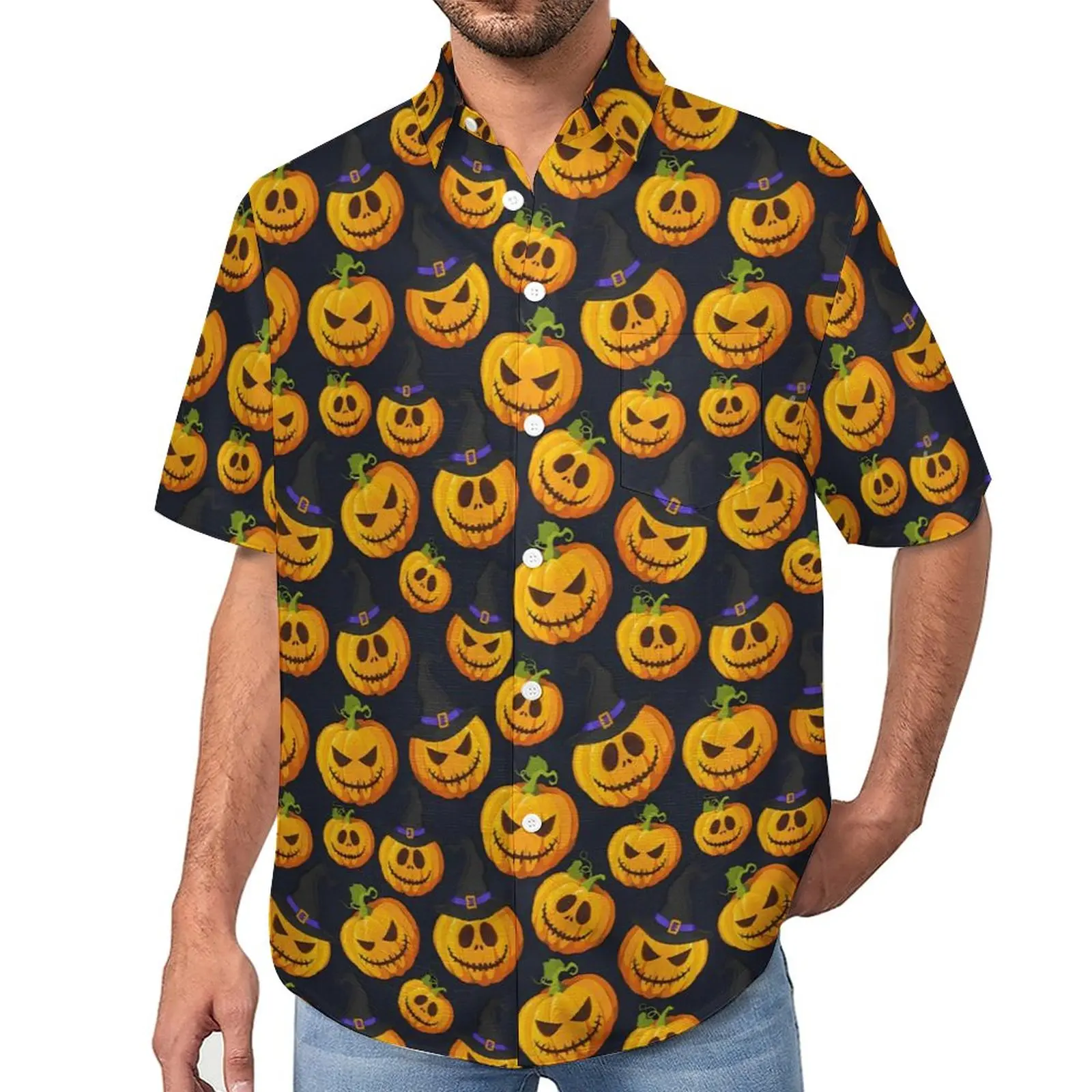 

Kawaii Pumpkin Casual Shirts Happy Halloween Beach Shirt Hawaiian Novelty Blouses Mens Graphic Plus Size