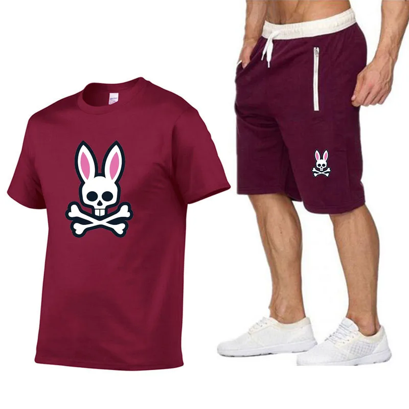 Outdoor Sports Jogging Short-sleeved Suit Ghost Rabbit Print  Cotton Men's T-shirt + Shorts Summer Casual Suit Women' T-shirt