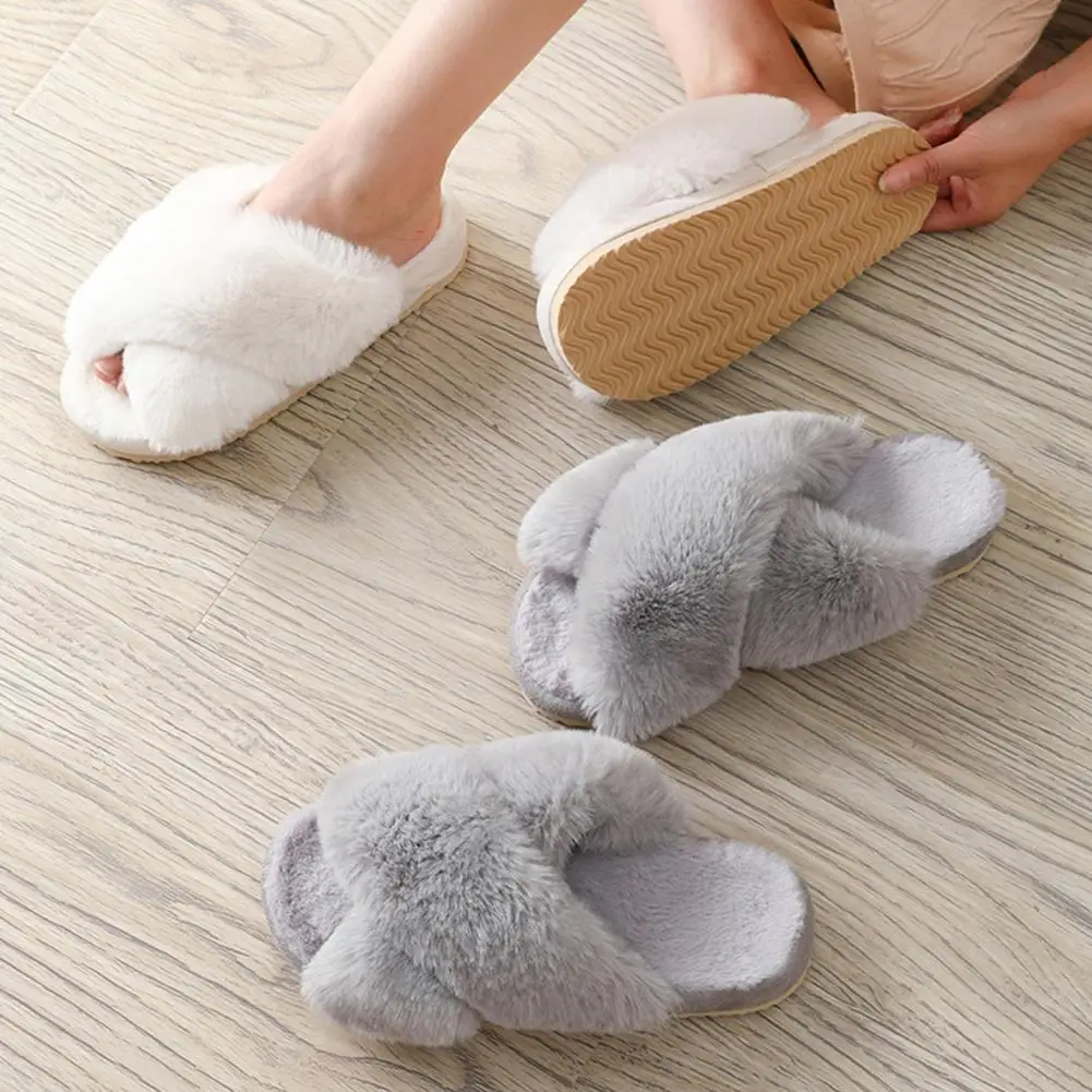 

1 Pair Fuzzy Slippers Keep Warm Open Toe Practical Nice-looking Solid Color Cross Band Slippers Keep Warm for Living Room 2021