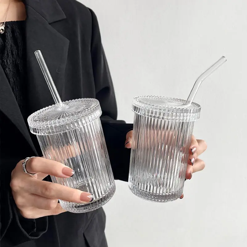 

Japanese Transparent Stripe Glass Water Bottle Milk Juice Straw Cup with Lid Chic Heat Resistant Tea Wine Coffee Mug Vaso Gifts