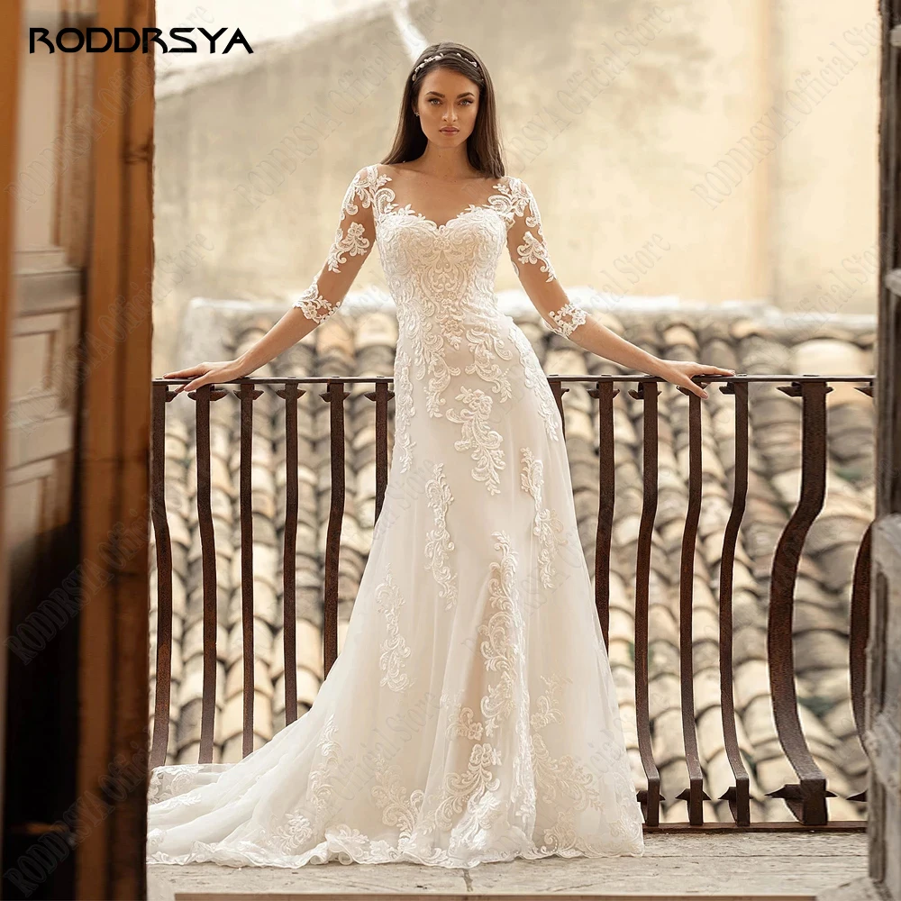 

RODDRSYA Light Champagne Mermaid Wedding Dresses Modern 2023 3/4 Sleeves Lace Up Bride Gowns Lace Applique vestido de noiva