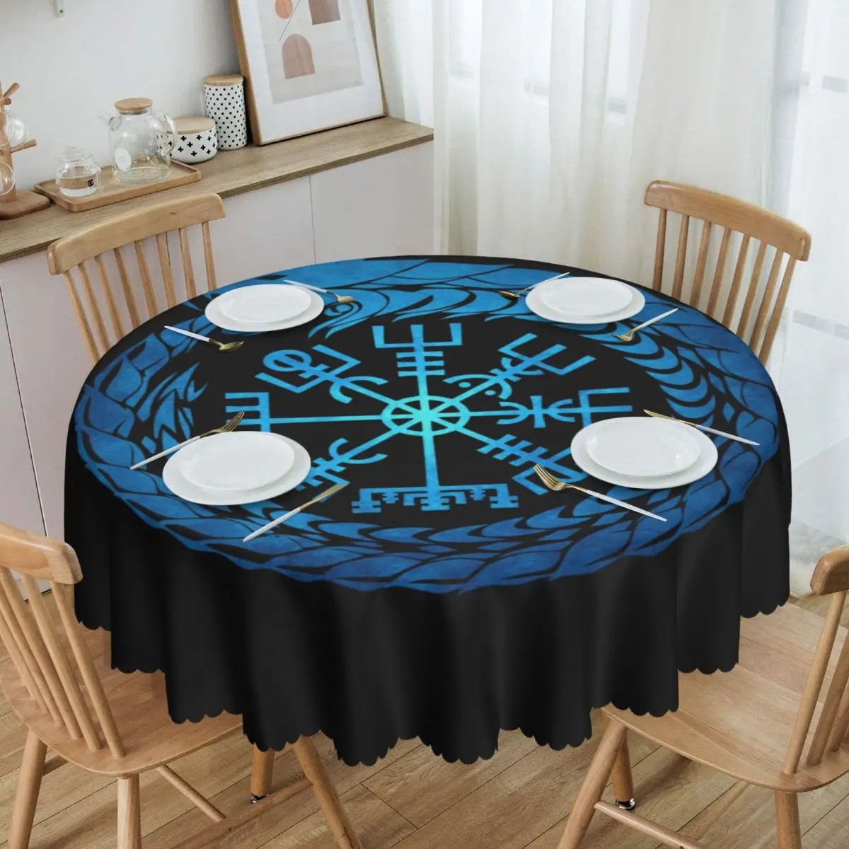 

Round Vegvisir Jormungandr World Serpent Tablecloth Waterproof Oil-Proof Table Covers Norse Mythology Viking Compass Table Cloth