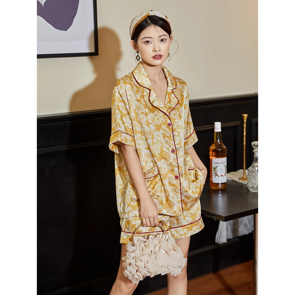 Maison Gabrielle 2022 Summer New Printed Pajamas Set Koungewear Sleepwear for Women 2 Pieces Short Sleeves Silk Vintage Style