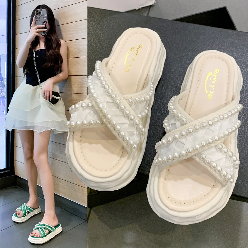 

Шлепанцы женские на толстой плоской подошве, повседневная одежда с бисером, роскошные мягкие тапки из ткани, для отдыха, лето 2022