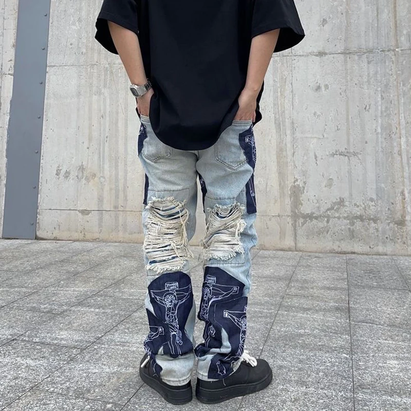 Spring Y2K Men's Vintage Ripped Jeans Clothes Fashion Trousers Cross Splicing Streetwear Straight Baggy Trousers Pants For Men