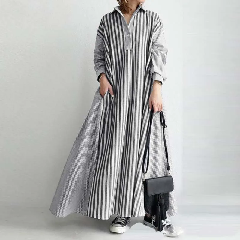 

Dress Striped Casual A-Line Skirt Long Sleeve Loose Single Breasted Straight Skirt Japan Korean Autumn Spring New Fashion 2022