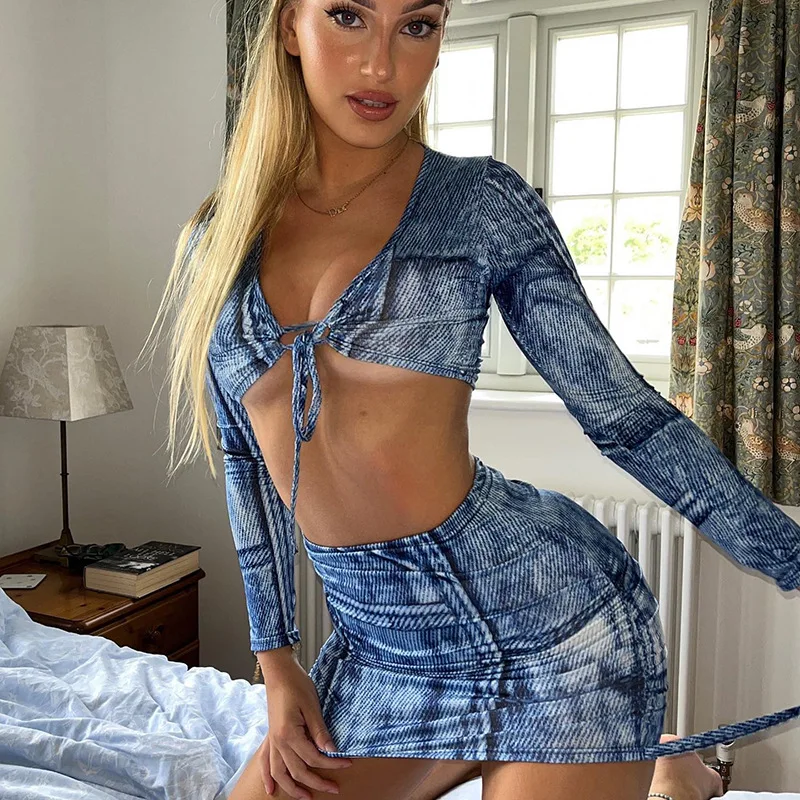 

Sexy Bodycon Summer 2 Piece Sets Womens Outfits Denim Printted Long Sleeve Drawstring Crop Top and Mini Skirts Set Matching Sets