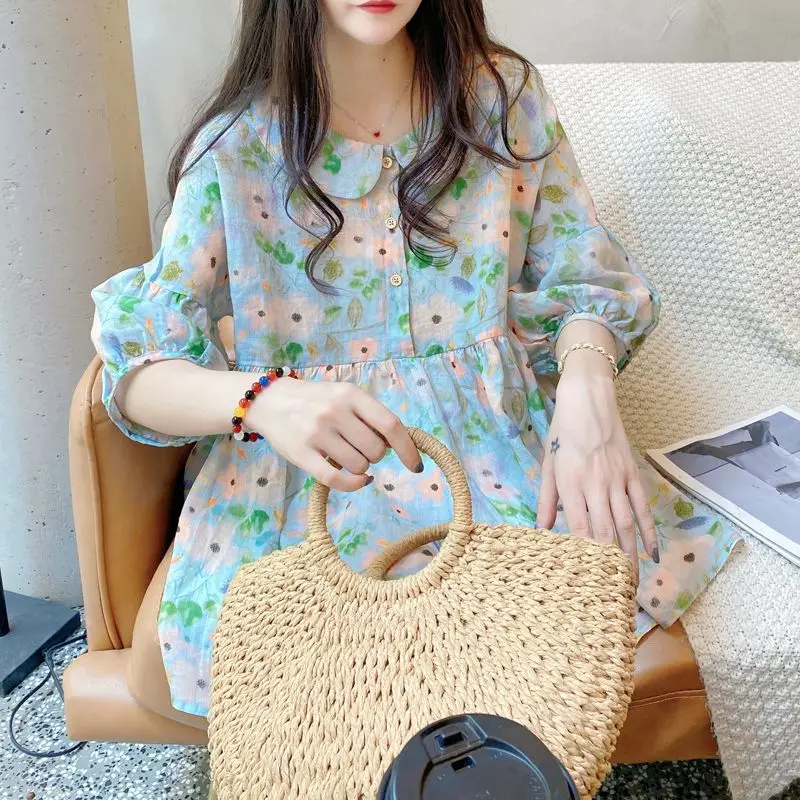 

Summer Women Lace Floral Print Blouses Shirt Ladies Tops Blouses Elegant Shirts Ladies Peter Pan Collar Tops Shirt Femme G103