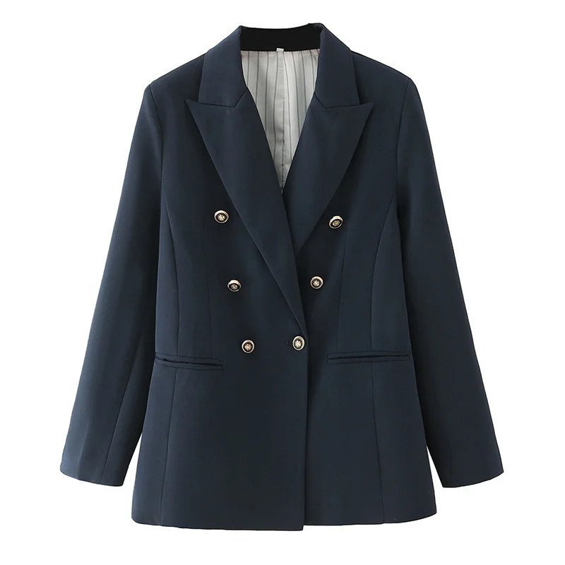 

Fashion Office Wear Double Breasted Blazers Women 2022 Autumn Coat Vintage Long Sleeve Pockets Female Outerwear Chic Tops K128
