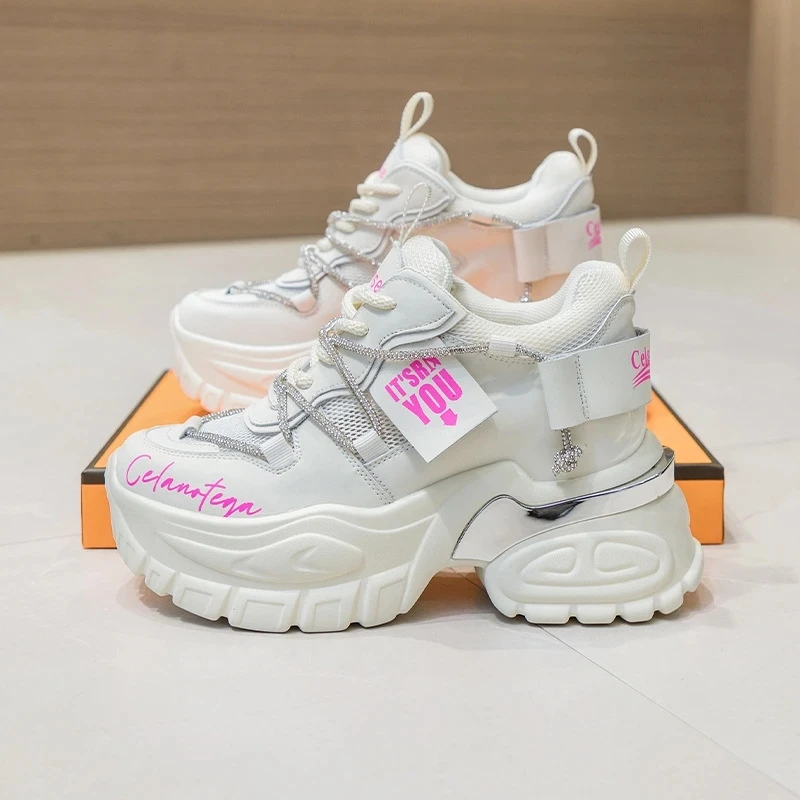 2023 Comfy 10.5cm Air Mesh Hollow Female Platform Wedge Chunky Sneakers Genuine Leather Rhinestone Fashion Summer Women Shoes